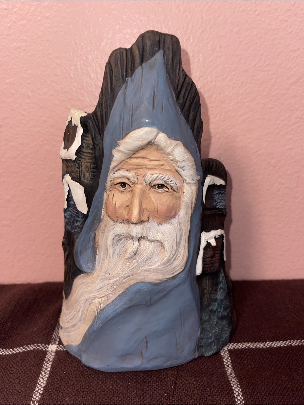 Hand-Painted Blue Wizard Santa Wood Carving Sculpture